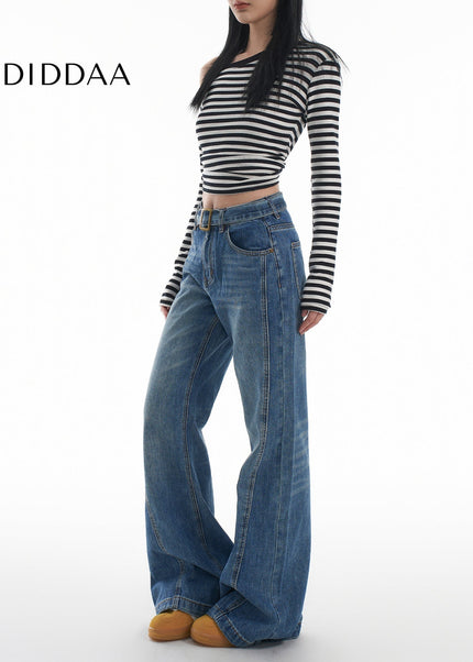 Blue Slimming Flared Jeans with Retro Horseshoe Design - Women’s Jeans