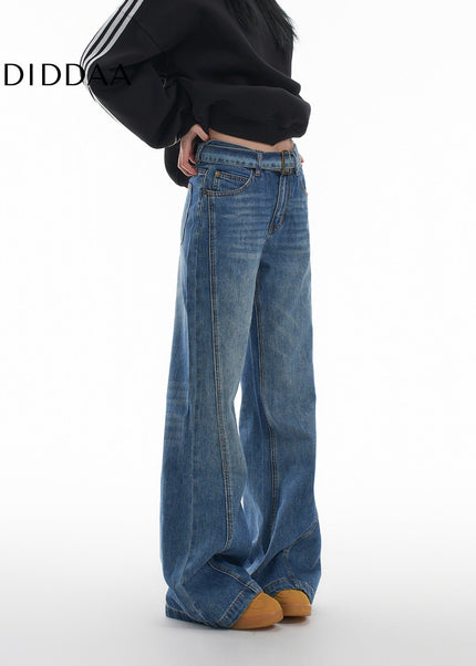 Blue Slimming Flared Jeans with Retro Horseshoe Design - Women’s Jeans