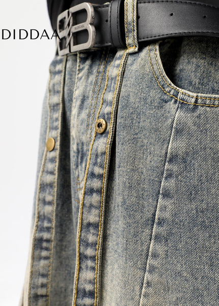 Blue Stacked Distressed Wash Wide-Leg Jeans - Men’s Jeans