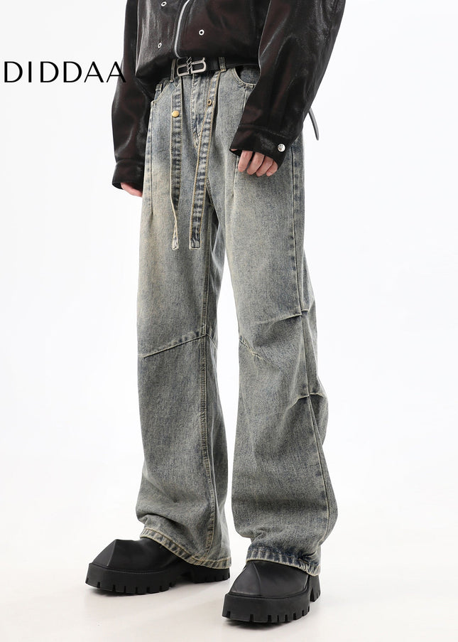 Blue Stacked Distressed Wash Wide-Leg Jeans - Men’s Jeans