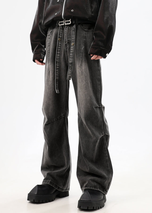 Blue Stacked Distressed Wash Wide-Leg Jeans - Men’s Jeans