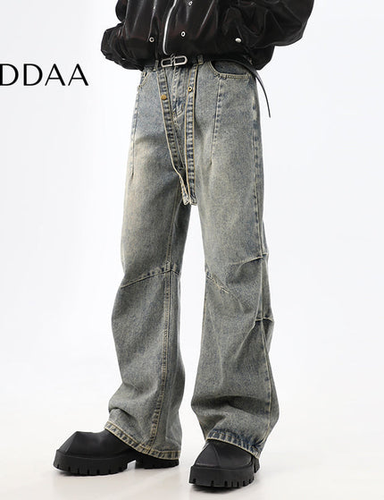 Blue Stacked Distressed Wash Wide-Leg Jeans - S / Grey - Men’s Jeans