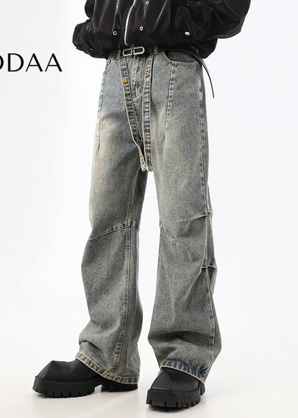 Blue Stacked Distressed Wash Wide-Leg Jeans - S / Grey - Men’s Jeans