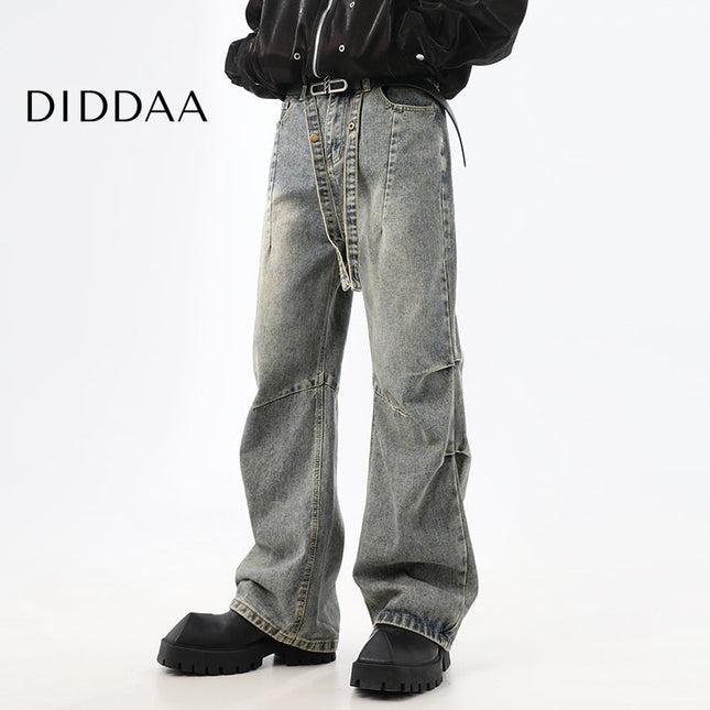 Blue Stacked Distressed Wash Wide-Leg Jeans - S / Grey - Men’s Jeans