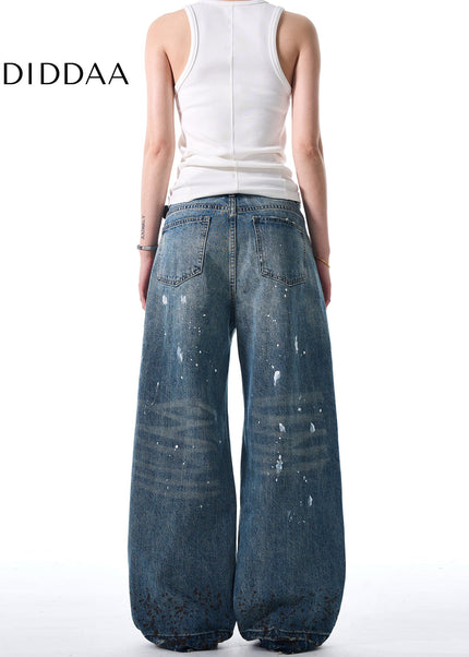 Blue Stain Splash Ink Wash Ripped Wide Leg Jeans - Men’s Jeans