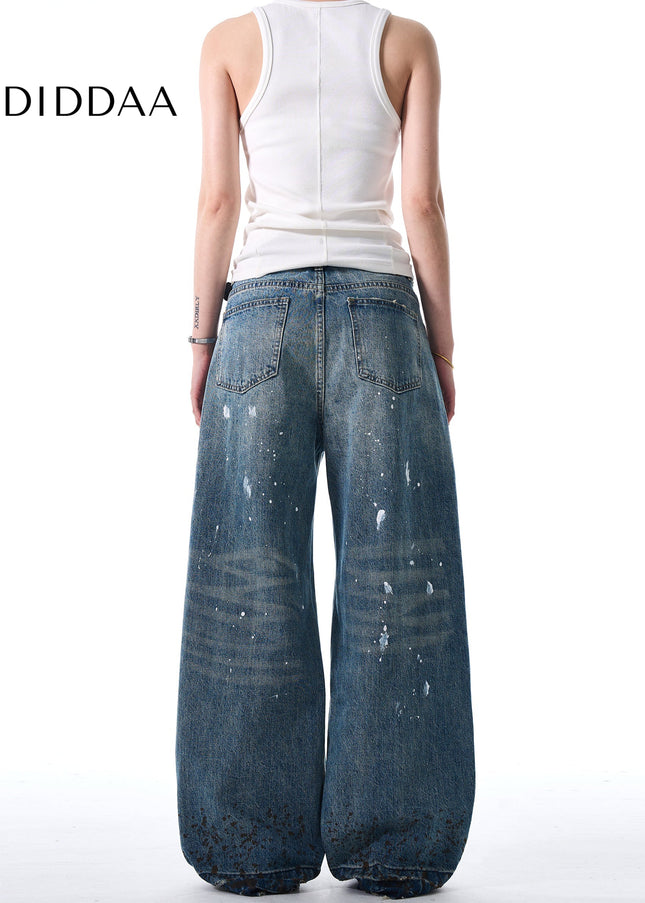 Blue Stain Splash Ink Wash Ripped Wide Leg Jeans - Men’s Jeans