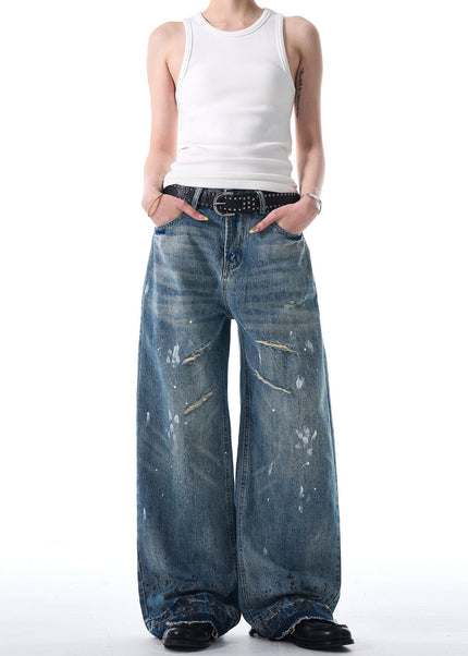 Blue Stain Splash Ink Wash Ripped Wide Leg Jeans - Men’s Jeans
