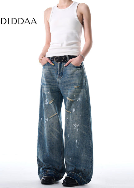 Blue Stain Splash Ink Wash Ripped Wide Leg Jeans - Men’s Jeans