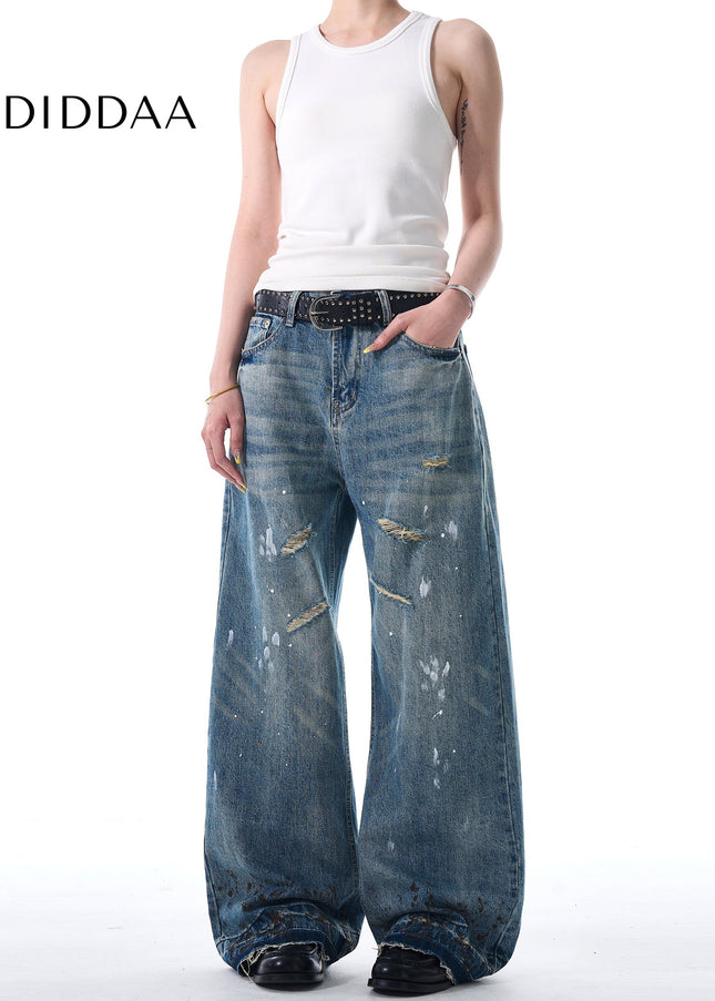 Blue Stain Splash Ink Wash Ripped Wide Leg Jeans - Men’s Jeans