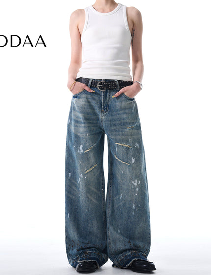 Blue Stain Splash Ink Wash Ripped Wide Leg Jeans - S / Mid Blue - Men’s Jeans