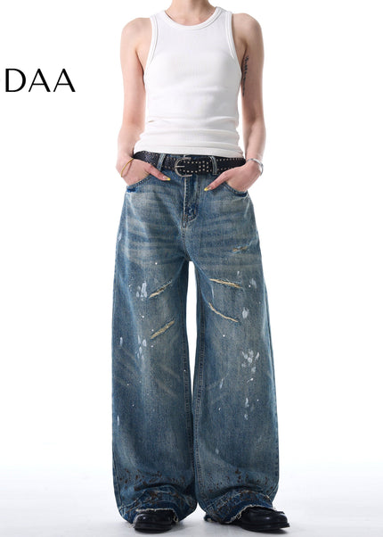 Blue Stain Splash Ink Wash Ripped Wide Leg Jeans - S / Mid Blue - Men’s Jeans