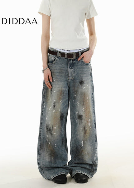 Blue Stained Ink Wash Loose Casual Straight Jeans - Men’s Jeans