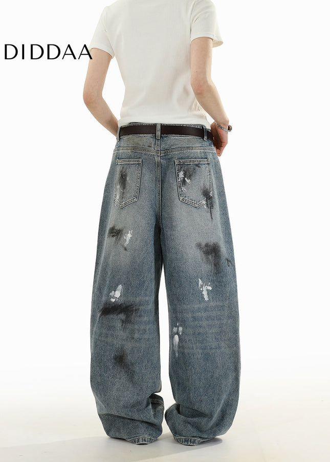 Blue Stained Ink Wash Loose Casual Straight Jeans - Men’s Jeans