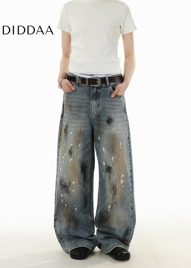 Blue Stained Ink Wash Loose Casual Straight Jeans - Men’s Jeans