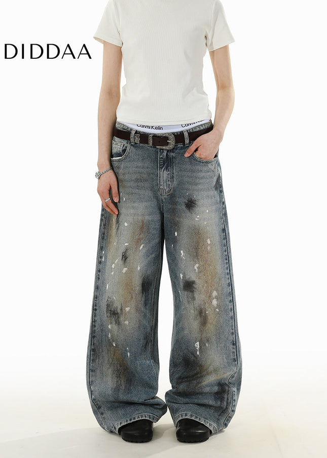 Blue Stained Ink Wash Loose Casual Straight Jeans - Men’s Jeans