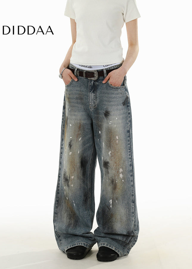 Blue Stained Ink Wash Loose Casual Straight Jeans - Men’s Jeans