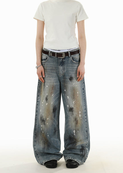 Blue Stained Ink Wash Loose Casual Straight Jeans - S / Vintage Blue - Men’s Jeans