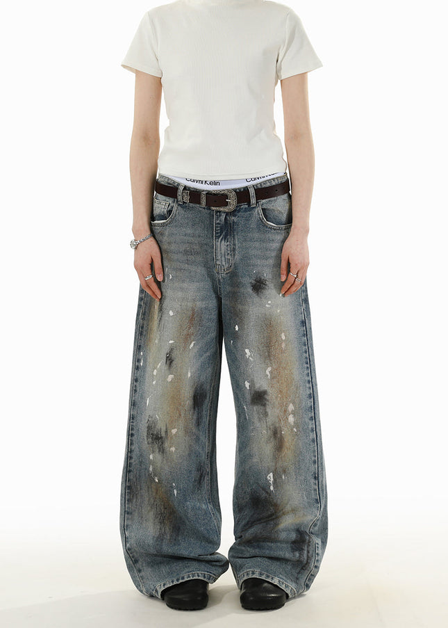 Blue Stained Ink Wash Loose Casual Straight Jeans - S / Vintage Blue - Men’s Jeans