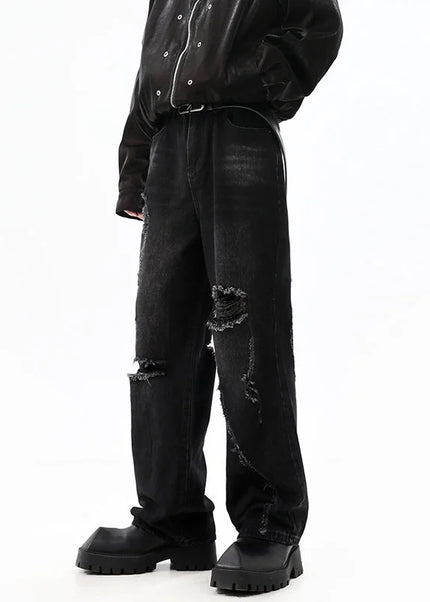 Blue Straight-Leg Ripped Jeans for Trendy Couples - S / Black - Men’s Jeans