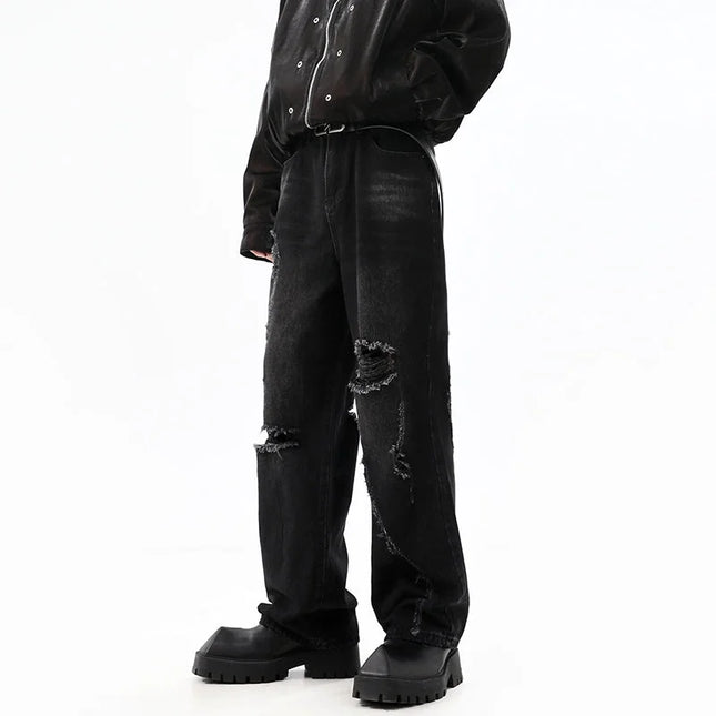 Blue Straight-Leg Ripped Jeans for Trendy Couples - S / Black - Men’s Jeans