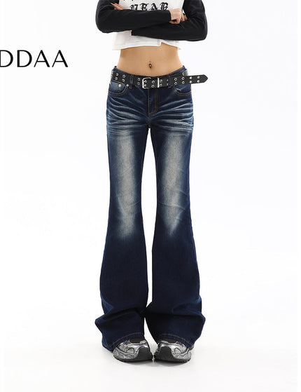 Blue Stretch Slim Horseshoe Low-Waisted Flared Jeans - S / Dark Blue - Women’s Jeans