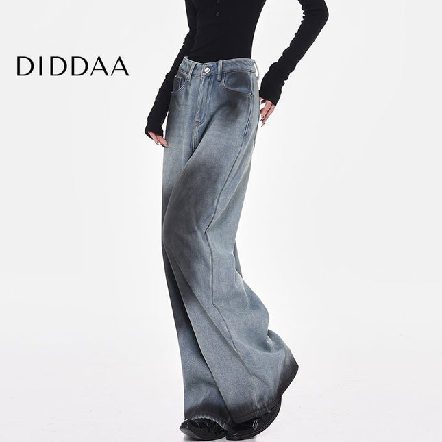 Blue Thickened Fleece Wide-Leg Jeans for Women - S / Mid Blue - Women’s Jeans