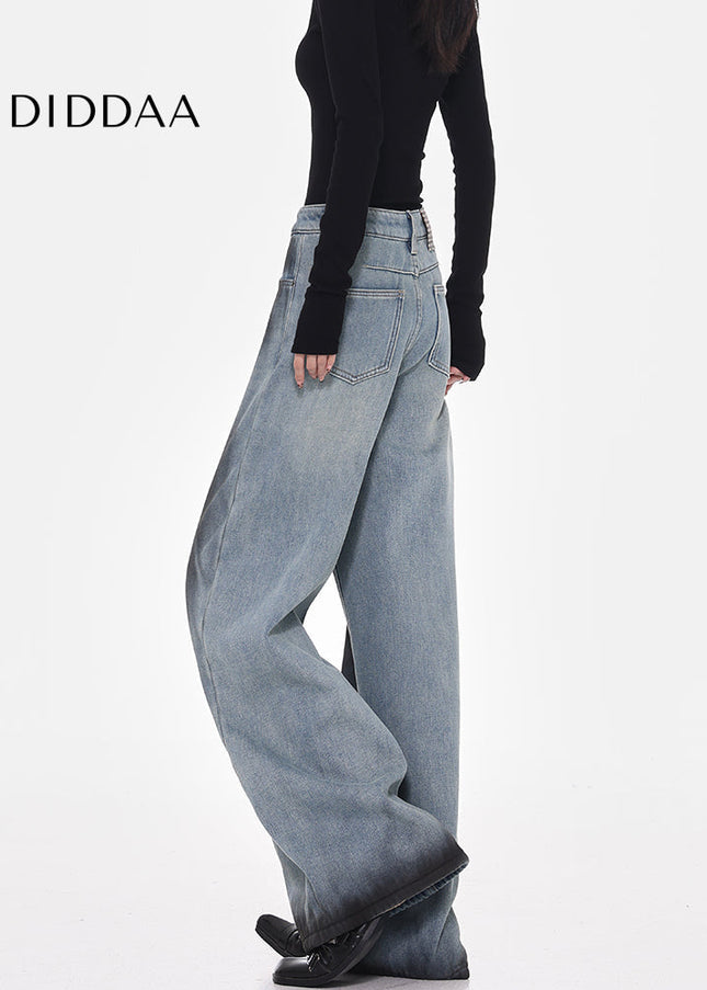 Blue Thickened Fleece Wide-Leg Jeans for Women - Women’s Jeans