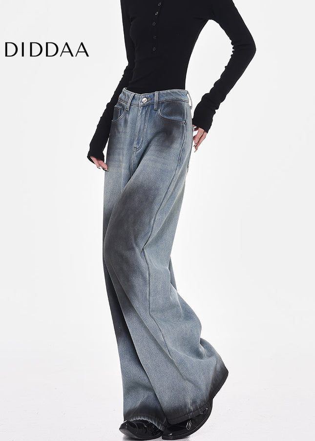 Blue Thickened Fleece Wide-Leg Jeans for Women - Women’s Jeans