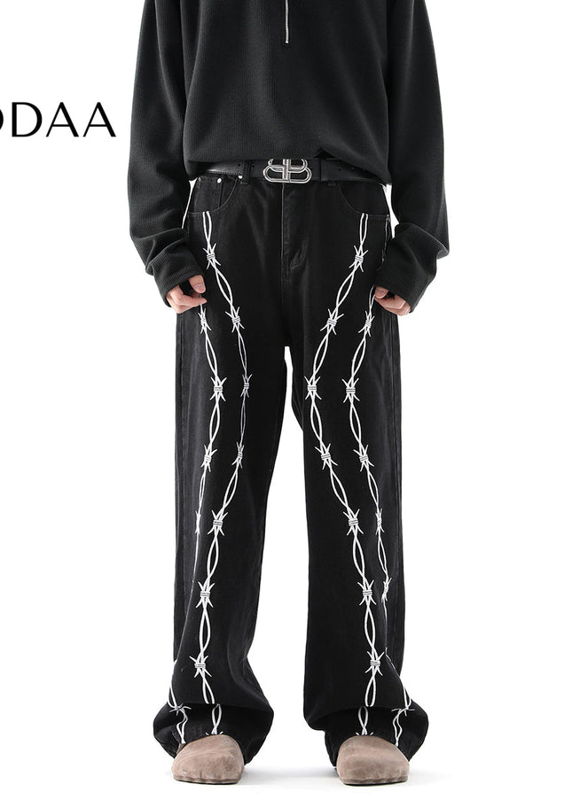 Blue Thorn Embroidered Straight-Leg Jeans - S / Black - Men’s Jeans