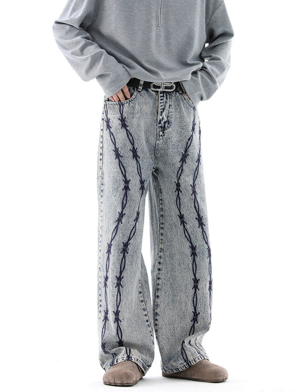 Blue Thorn Embroidered Straight-Leg Jeans - S / Blue - Men’s Jeans