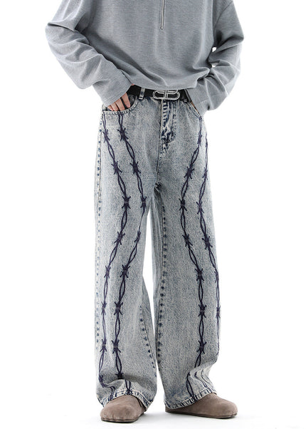 Blue Thorn Embroidered Straight-Leg Jeans - S / Blue - Men’s Jeans