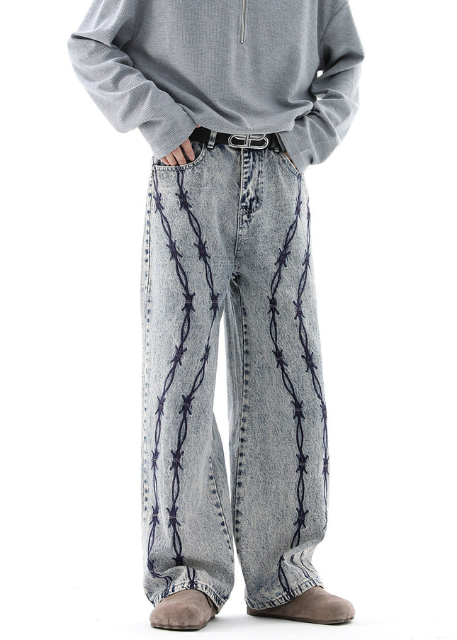 Blue Thorn Embroidered Straight-Leg Jeans - S / Blue - Men’s Jeans