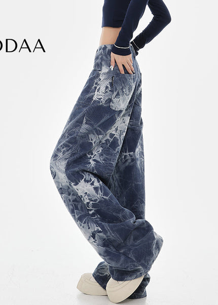 Blue Tie-Dye High-Waisted Wide-Leg Jeans - S / Dark Blue - Women’s Jeans
