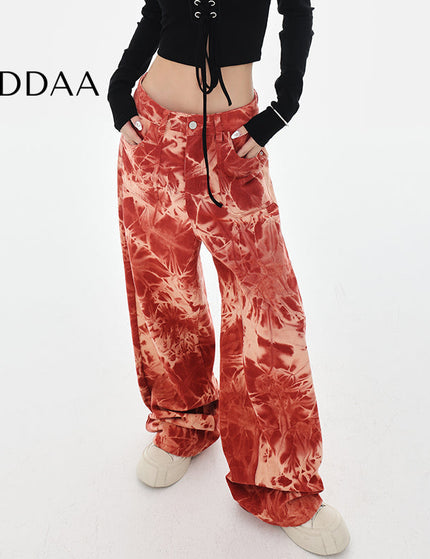 Blue Tie-Dye High-Waisted Wide-Leg Jeans - S / Red - Women’s Jeans