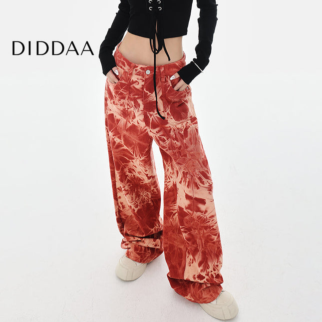 Blue Tie-Dye High-Waisted Wide-Leg Jeans - S / Red - Women’s Jeans