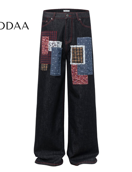 Blue Trendy Patchwork Denim Wide Leg Jeans - Black / S - Men’s Jeans