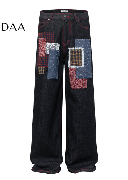 Blue Trendy Patchwork Denim Wide Leg Jeans - Black / S - Men’s Jeans
