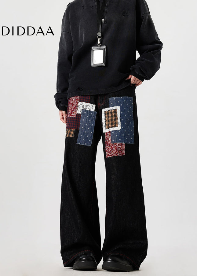 Blue Trendy Patchwork Denim Wide Leg Jeans - Men’s Jeans