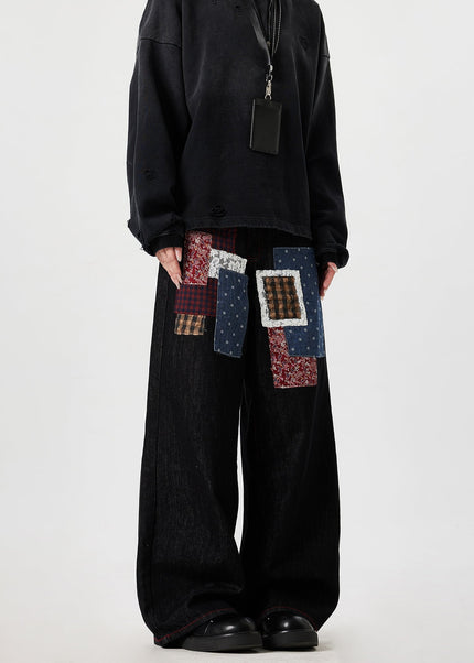 Blue Trendy Patchwork Denim Wide Leg Jeans - Men’s Jeans