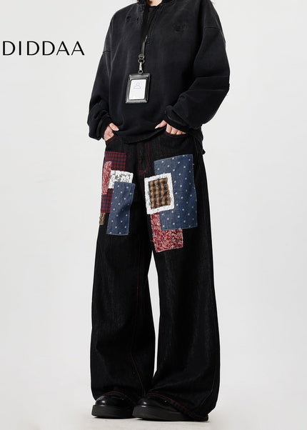 Blue Trendy Patchwork Denim Wide Leg Jeans - Men’s Jeans