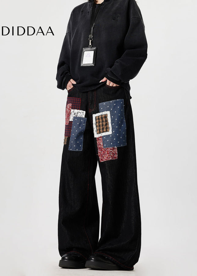 Blue Trendy Patchwork Denim Wide Leg Jeans - Men’s Jeans
