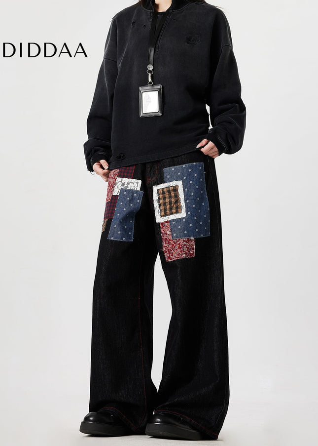 Blue Trendy Patchwork Denim Wide Leg Jeans - Men’s Jeans