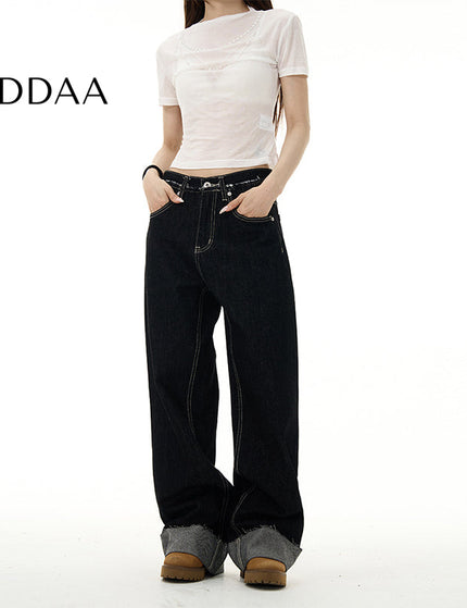 Blue Turned-Up High Street Straight Jeans - S / Black - Women’s Jeans