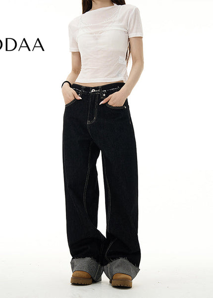 Blue Turned-Up High Street Straight Jeans - S / Black - Women’s Jeans