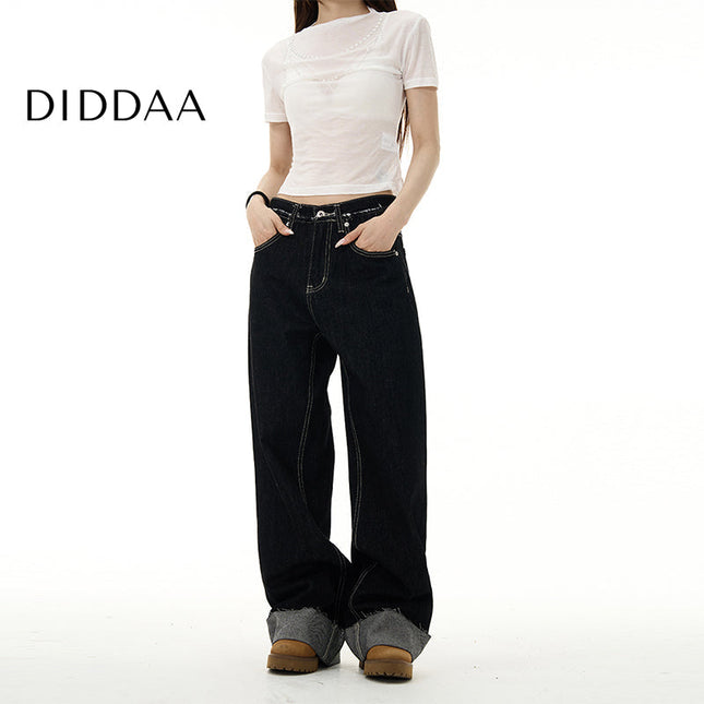 Blue Turned-Up High Street Straight Jeans - S / Black - Women’s Jeans