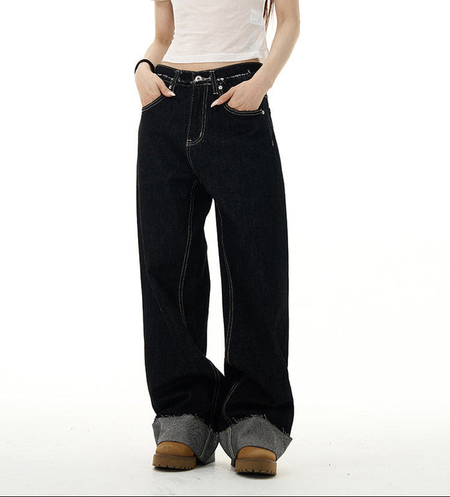 Blue Turned-Up High Street Straight Jeans - Women’s Jeans
