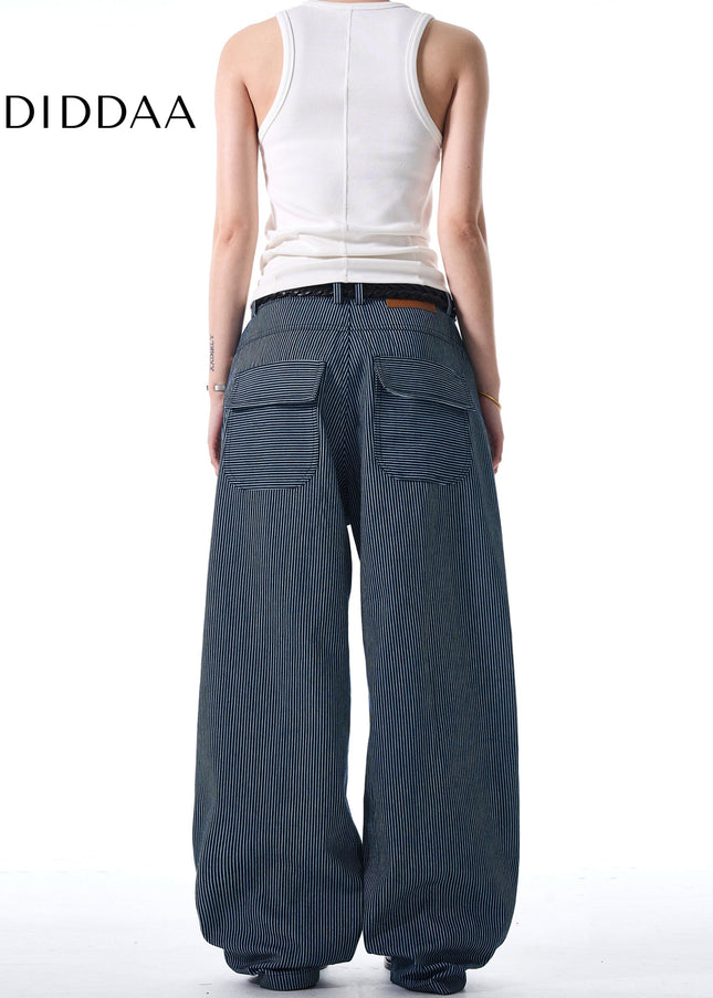 Blue Vertical Stripe Loose Wide Leg Casual Jeans - Men’s Jeans