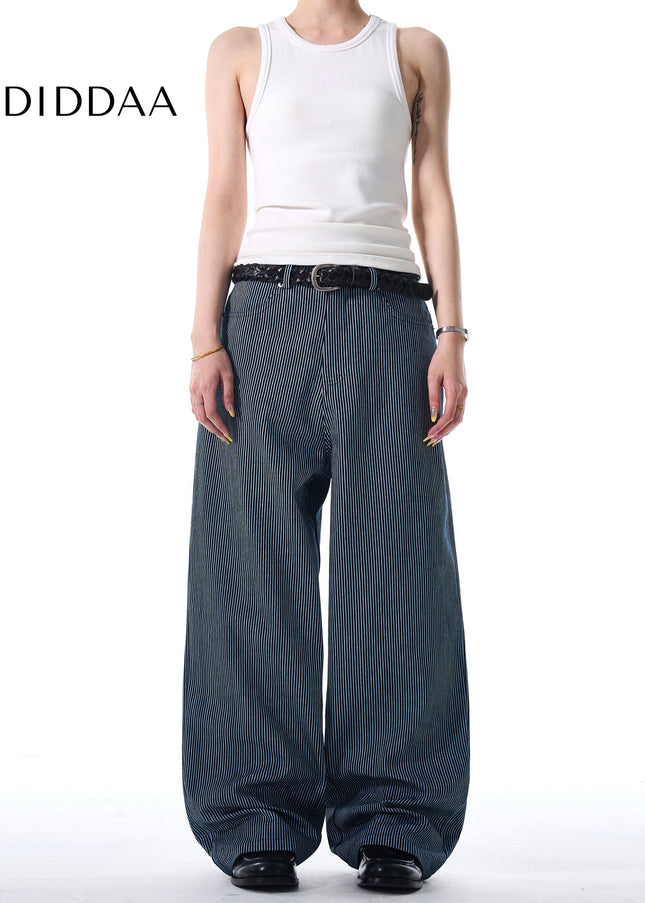 Blue Vertical Stripe Loose Wide Leg Casual Jeans - Men’s Jeans