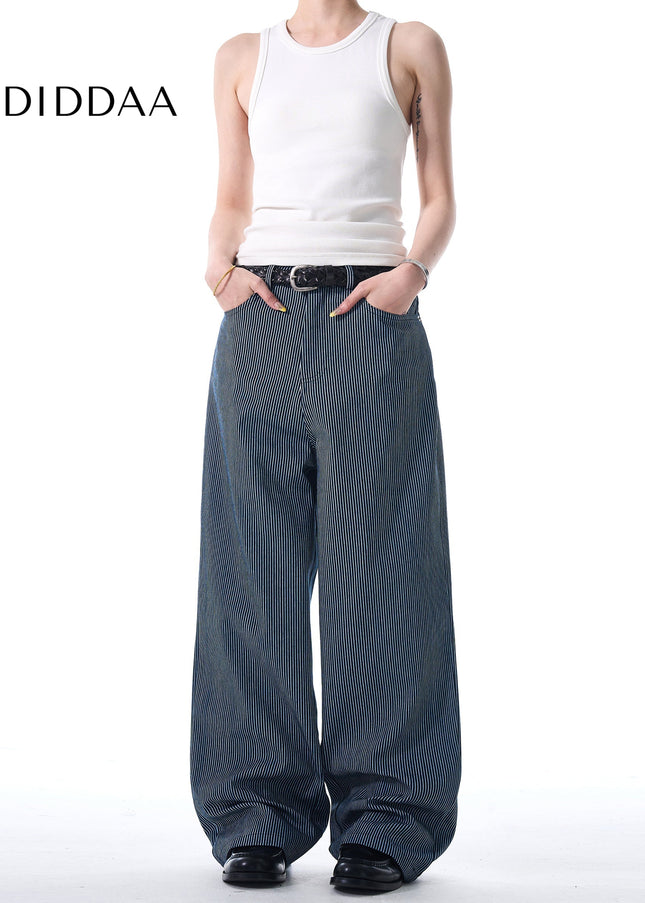 Blue Vertical Stripe Loose Wide Leg Casual Jeans - Men’s Jeans