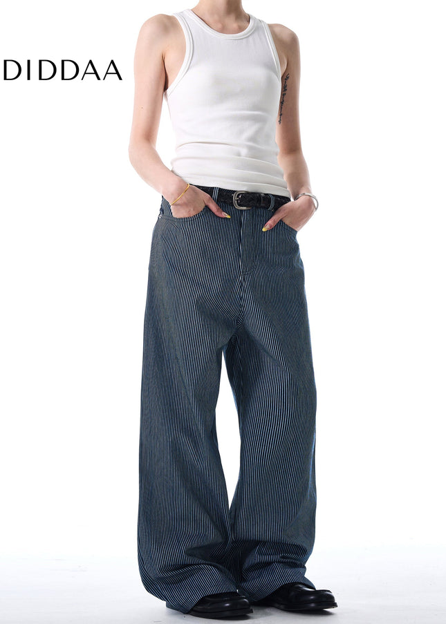 Blue Vertical Stripe Loose Wide Leg Casual Jeans - Men’s Jeans